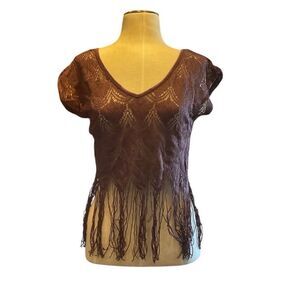 Kirra Womens Sheer Lace V Neck Cap Sleeves Fringe Hem Top Burgundy Size S / XS